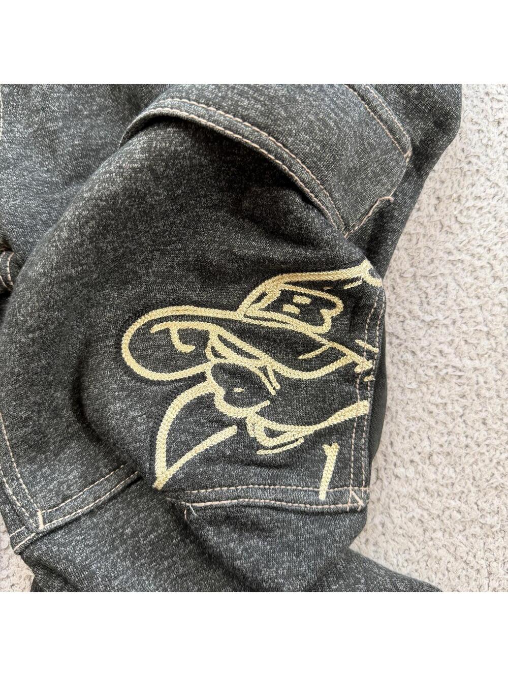 Y2K Hard Knock Denim Embroidered Baggy Cargo Sweatpants Black Wide Leg Carpenter - Picture 7 of 12
